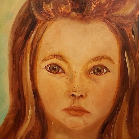 Unknown Painter Portrait Red Headed Girl Green Eyes Oil Painting 1967 Framed - Picture 3 of 9